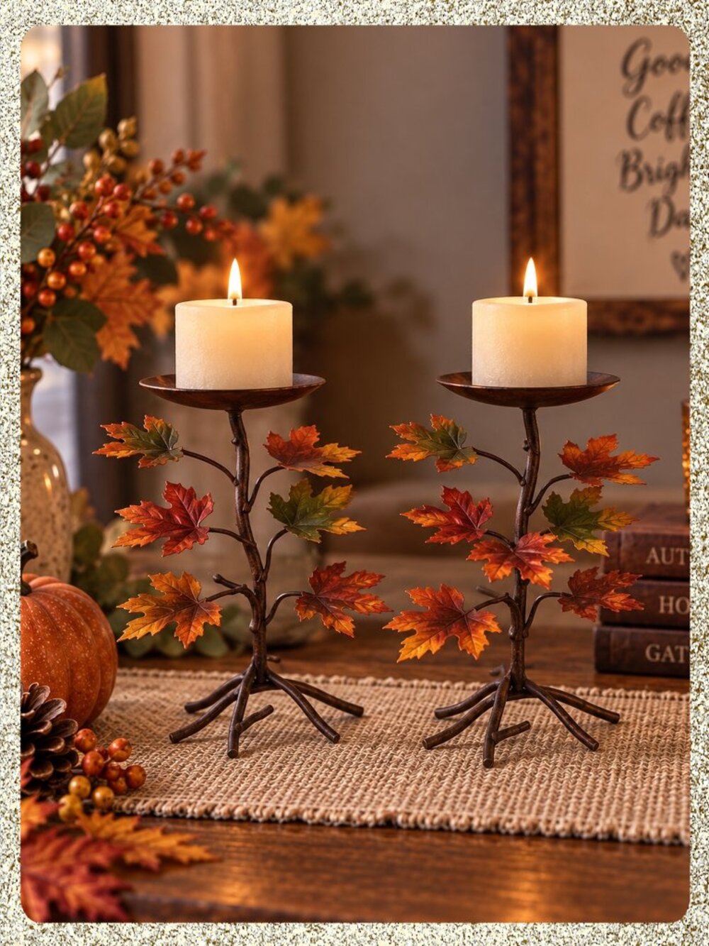 š Fall Maple Leaf Candle Holders Set of 2 Rustic Autumn Harvest DĆ©cor